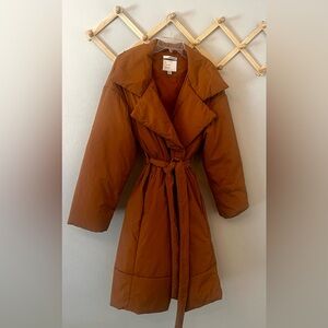 Women's Puffy Trench Coat w/ Pockets, Tan Beige Winter Jacket w/ Wrap- A New Day